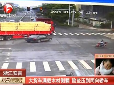 監拍大貨車滿載木材側翻險壓同向轎車